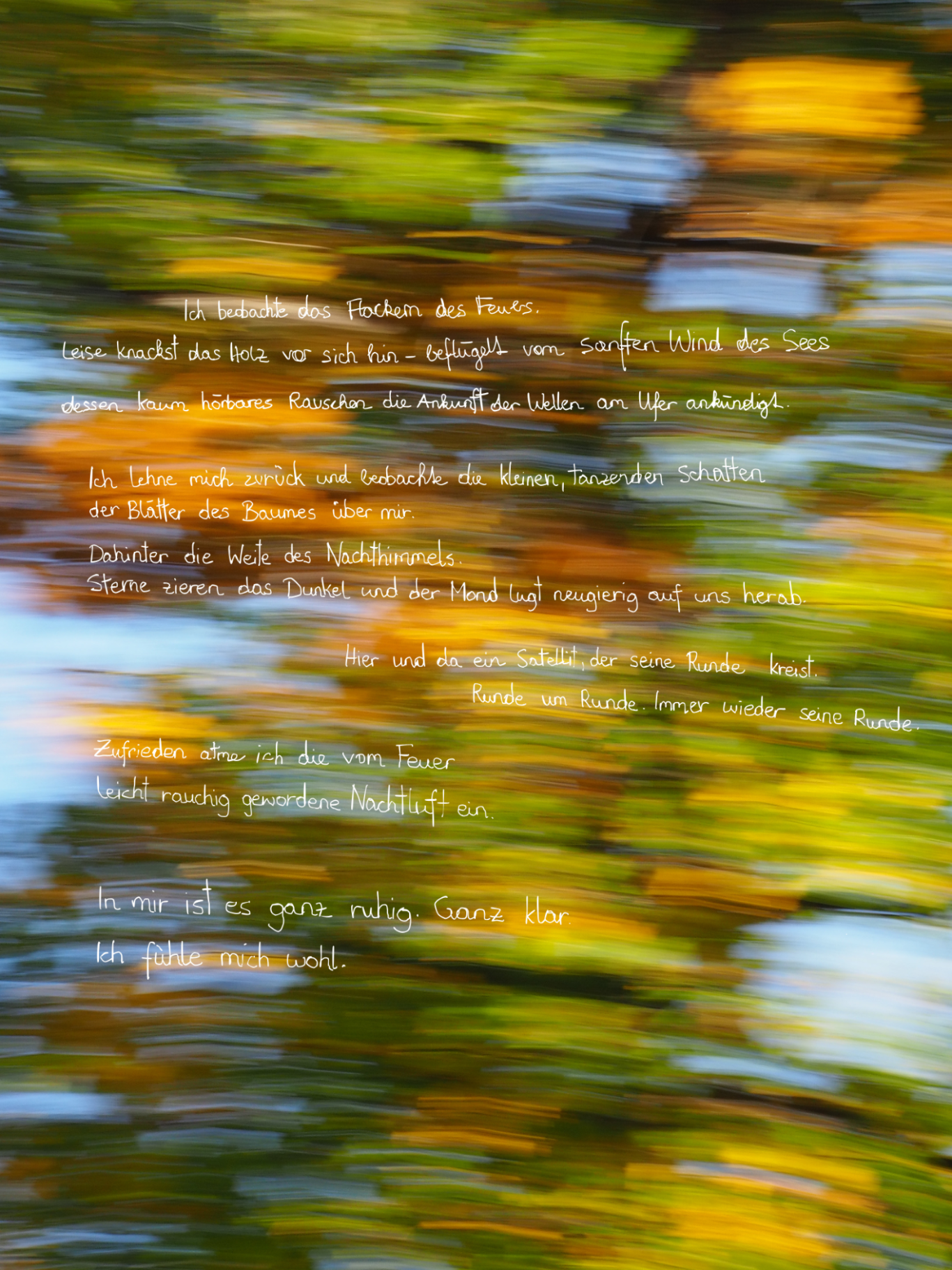 A colourful background with the description of a moment sitting next to a fireplace close to a lake.