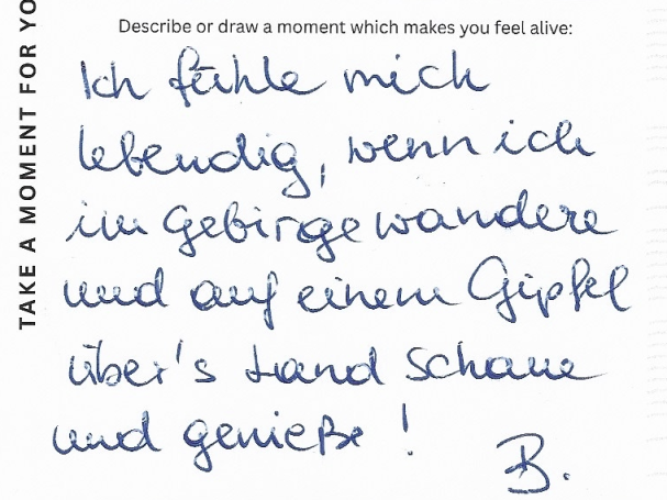 B.'s answer I feel alive looking across the countryside from a summit and enjoying the moment when I'm on a hike in the mountains.